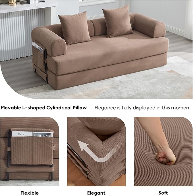ZEIINPA Convertible Folding Mattress Couch, Comfy Corduroy Sleeper Floor Sofa Bed with Fixed-Shape Frame, Floor Sofa with Armrest, Lounge Couch for Living Room Bedroom Lounge Studio,Brown