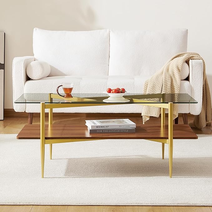 Pine Flicker Rectangle Coffee Table, Mid-Century Modern Design, L41*W21*H17 inch, for Living Room, Clear Glass Top and Walnut Finish Wood Shelf, Conical Metal Legs with Gold Finish