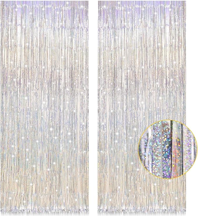 2 Pack 3.2ft x 8.2ft Silver Metallic Tinsel Foil Fringe Curtains, Door Streamer Photo Booth Backdrop for Birthday Graduati...