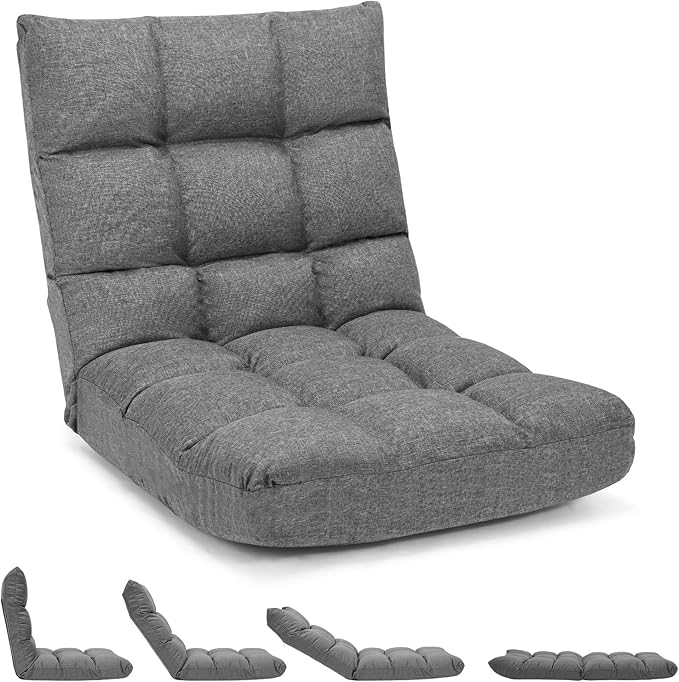 GORELAX Floor Chair with Back Support, 14-Poistion Adjustable Folding Gaming Chair Recliner, Meditation Chair with Steel Frame, Padded Lazy Sofa Chair for Adults, Kids (Gray)