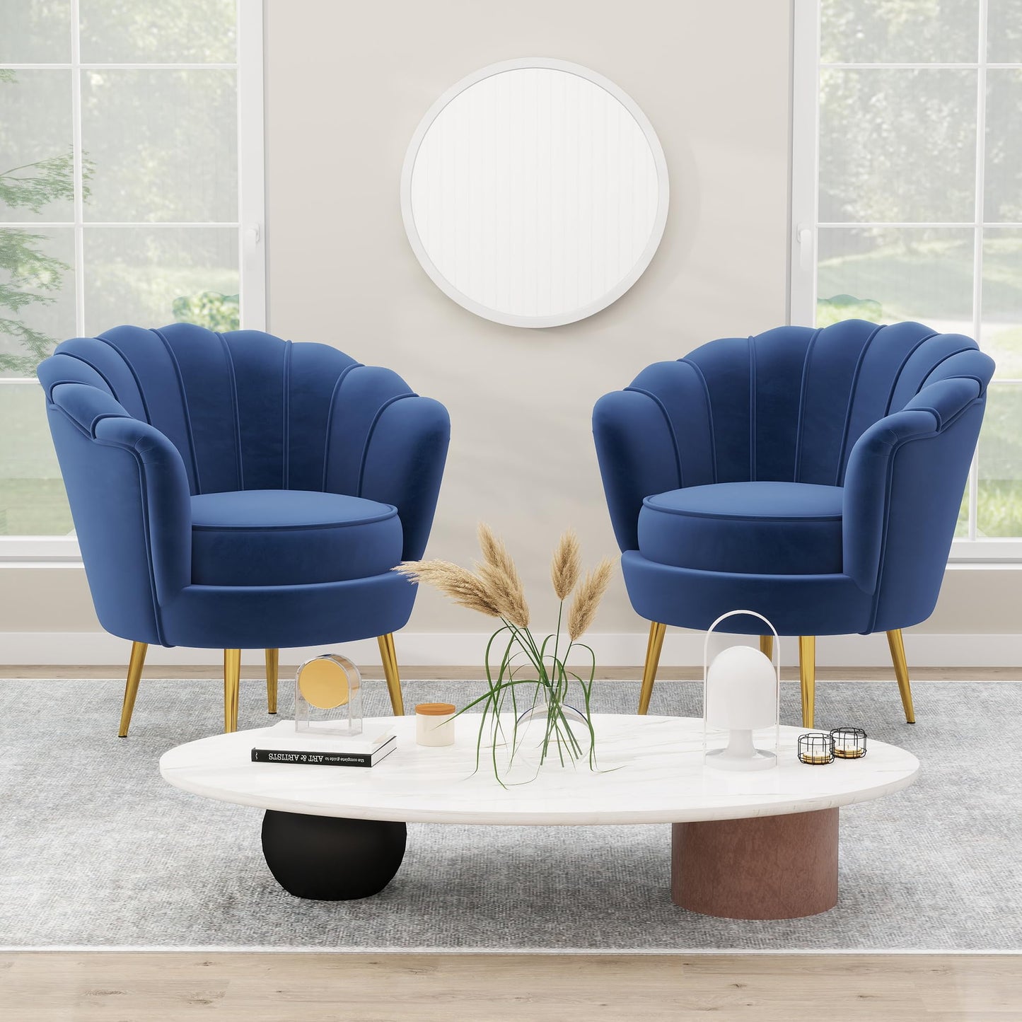 DAGONHIL Mid Century Modern Upholstered Accent Chair,Retro Leisure Velvet Single Sofa with Golden Metal Legs for Living Room/Bedroom(Navy Blue)