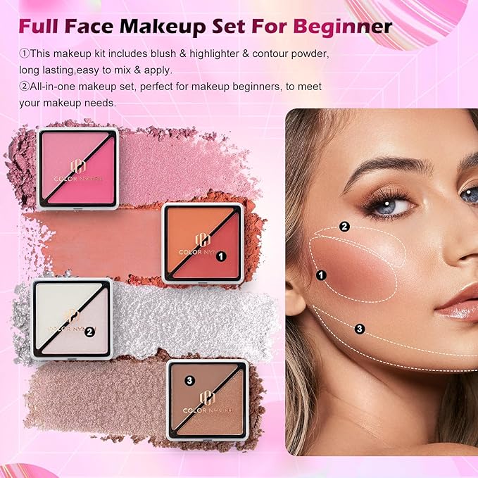 Color Nymph Makeup Kit for Teen Girls, All-in-One Beginner Makeup Set with Eyeshadow, Blush, Highlighter, Bronzer, Contour, Lipsticks, Eyeliner, Brushes & Mirror in Train Case (Starry Black)