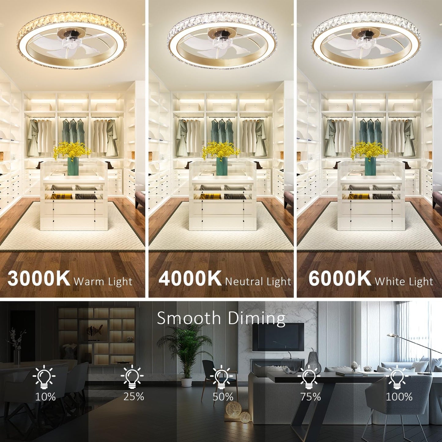 Aipsun Low Profile Modern Crystal Chandelier Ceiling Fans with Lights and Remote, 3000K-6500K Smart Bladeless LED Fan Light, 22" Gold Modern Ceiling Fans with Lights for Bedroom
