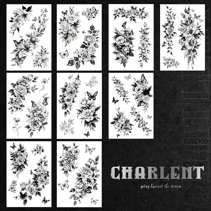 CHARLNET Large Flower Temporary Tattoos for Women - 33 Pcs Realistic Black Flower Rose Fake Tattoos for Women Body Art Arm Chest Legs Shoulder Abdomen