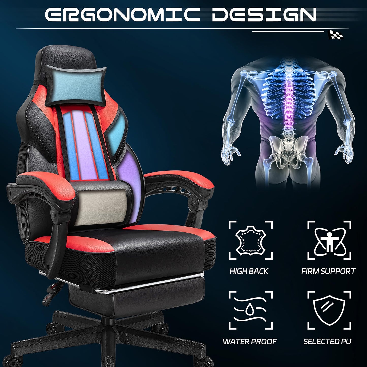 Gaming Chair with Footrest, Video Game Chair for Adults, Big and Tall Computer Chair with Massage Lumbar Support 330lb Weight Capacity, Ergonomic Adjustable Height and 360° Swivel Seat (Red)