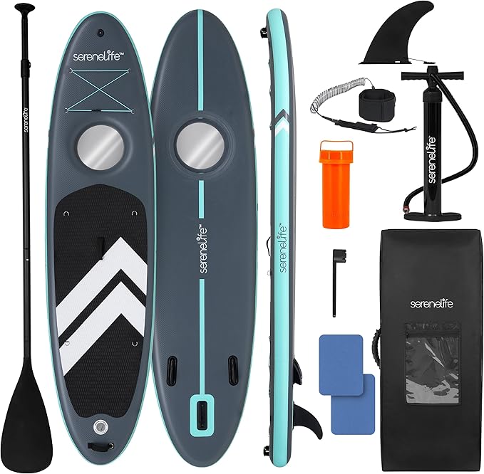 SereneLife 10’6” Inflatable Stand-Up Paddle Board with Window - 32” Wide Stable Design with Non-Slip EVA Deck Pad, Premium...