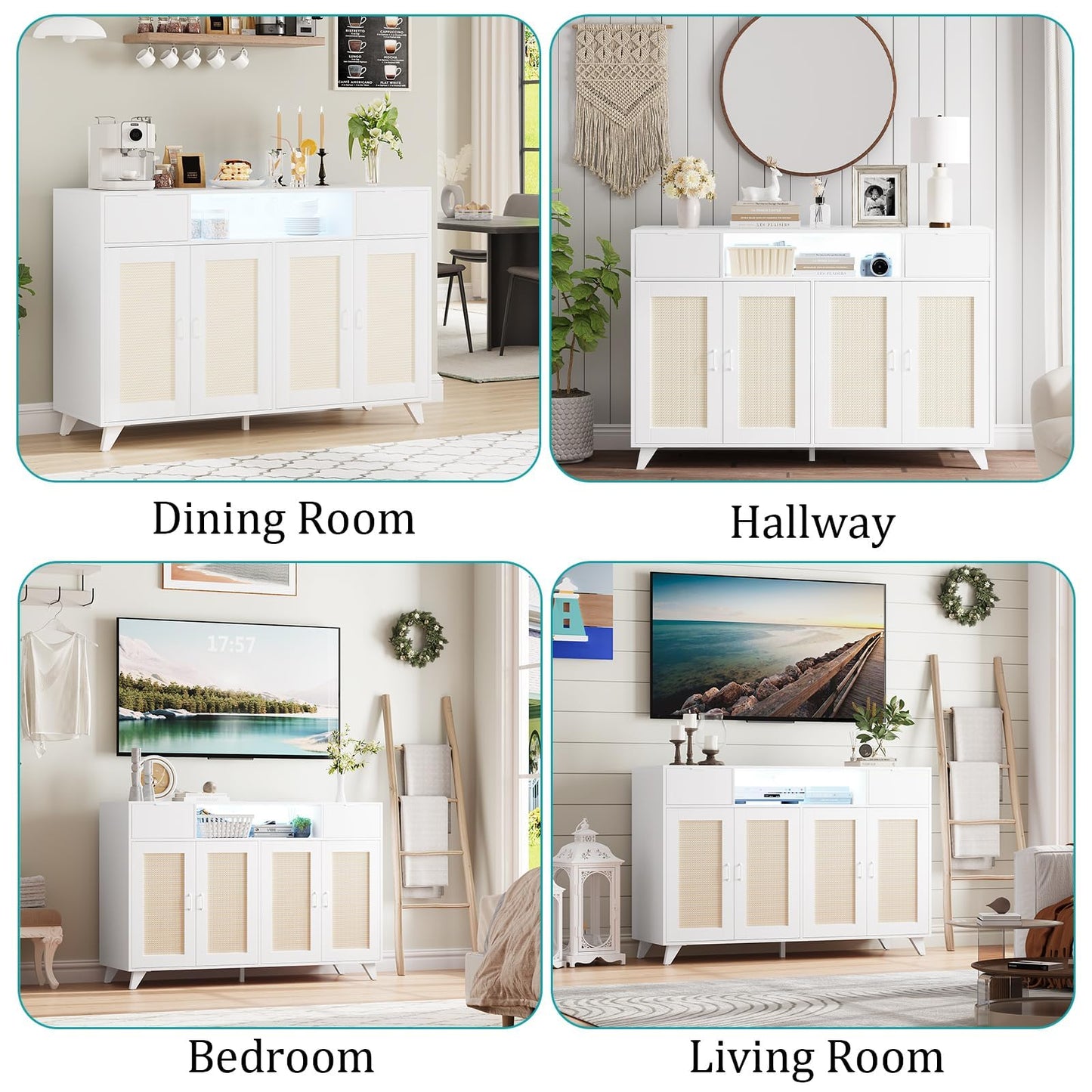 Rattan Sideboard Buffet Cabinet With LED Lights, 2 Drawers 2 Doors Storage Cabinet, Modern Console Table With Power Outlet & Adjustable Shelves, for Dining Room, Kitchen, Living Room