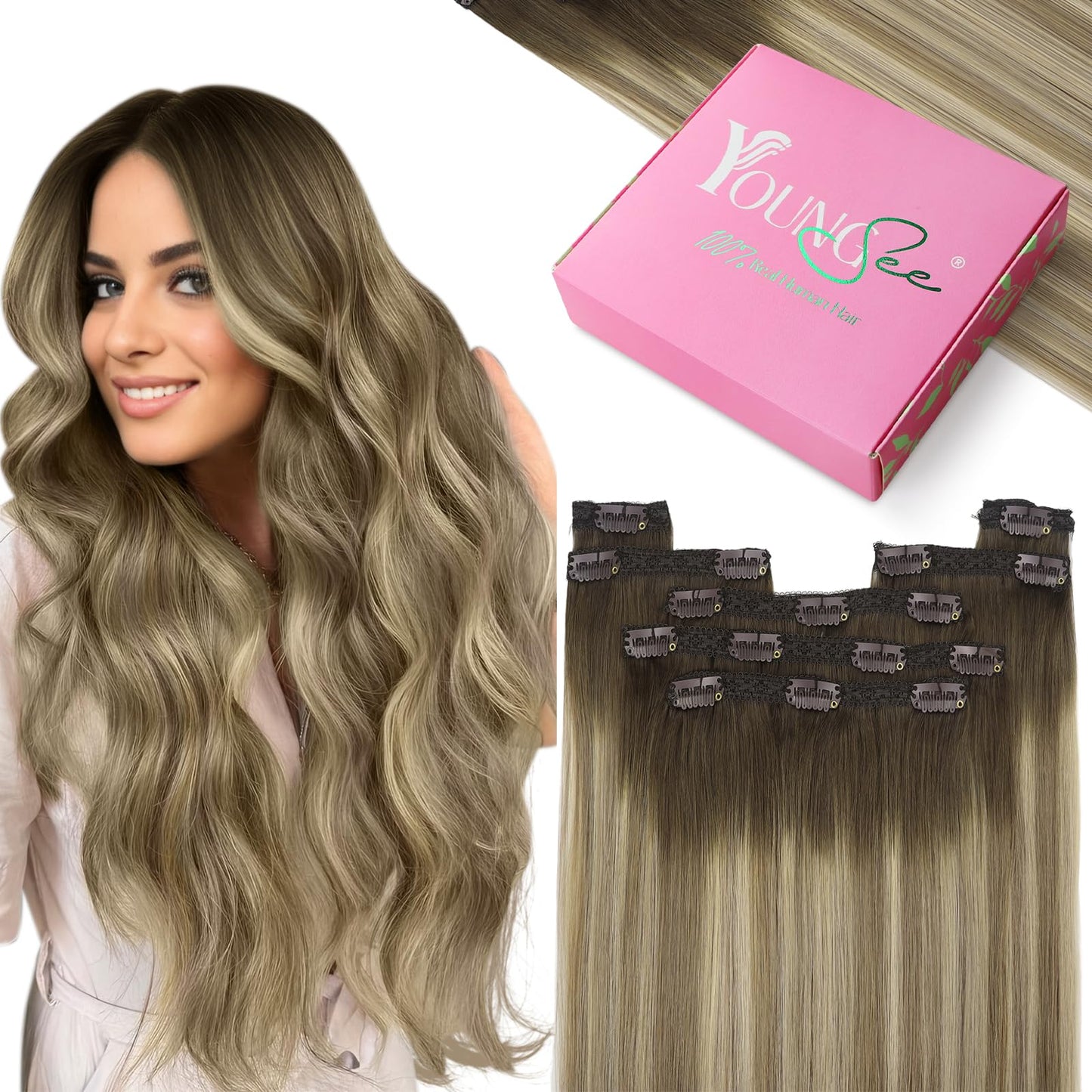 YoungSee Clip on Hair Extensions Brown Ombre Clip in Real Hair Extensions Dark Brown Ombre Light Brown with Blonde Remy Human Ha