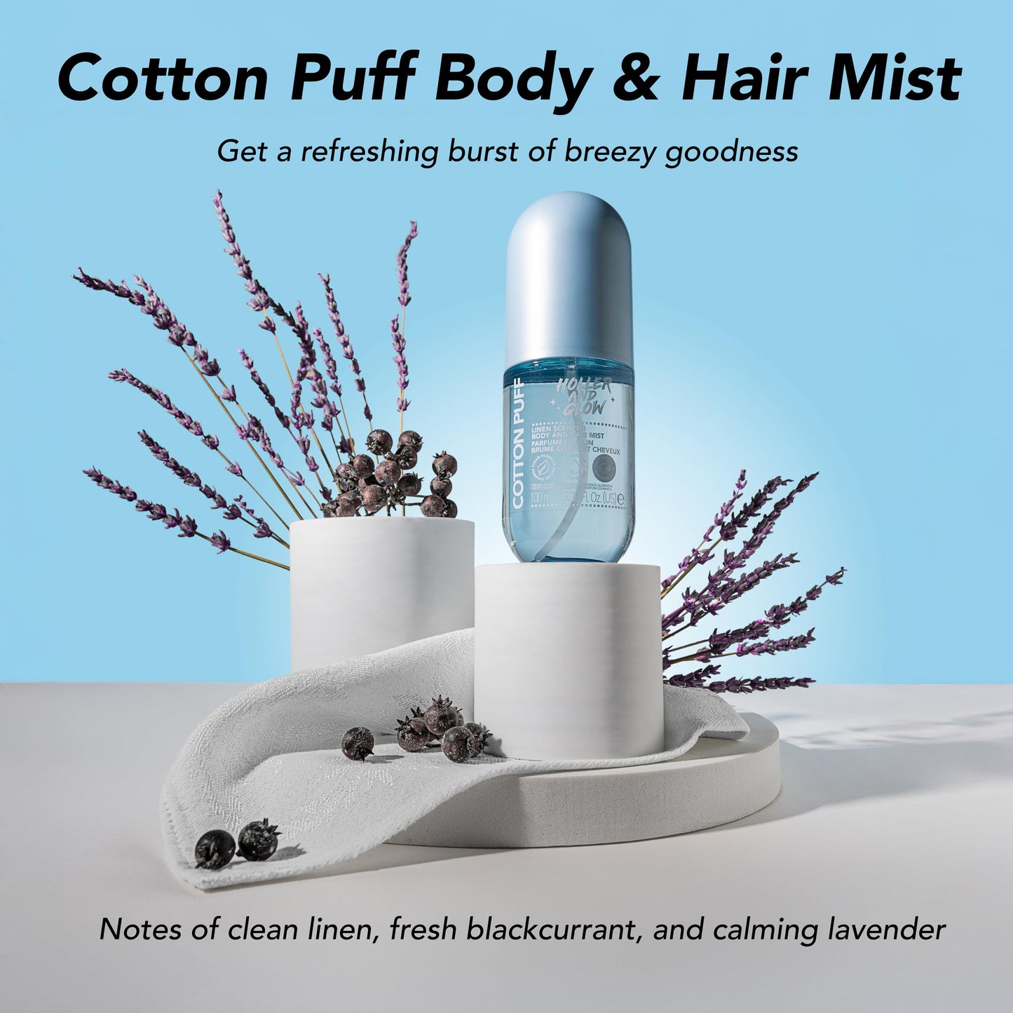 Holler And Glow Mood Boosting Cotton Puff Body & Hair Mist, Body Spray, Teen Girls Spritz, Long Lasting, Linen, Fresh Scented, Water Based Fragrance For Tweens, Clean & Gentle Formula, 3.38 Fl Oz