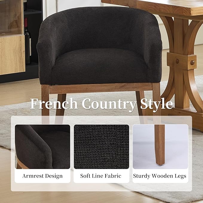 Shenyon Mid Century Modern Dining Chairs with Arms, Upholstered Linen Fabric Dining Room Chairs with Solid Wood Legs, Comfy Barrel Accent Chairs for Dining Room, Living Room, or Cafe,Black