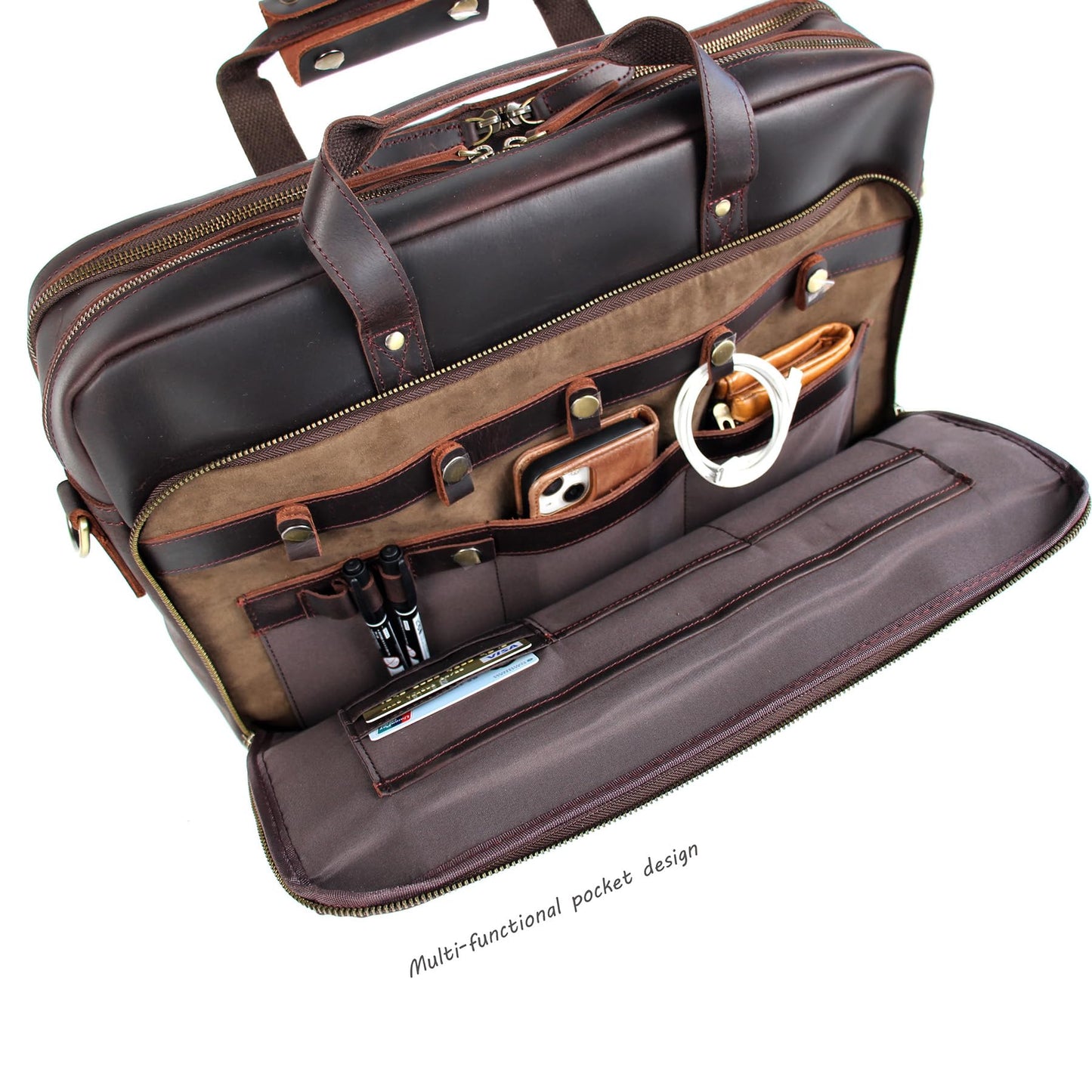 18" Full Grain Leather Briefcase, Premium Vintage Business Laptop Bag, Spacious Executive Work Bag for Office & Travel