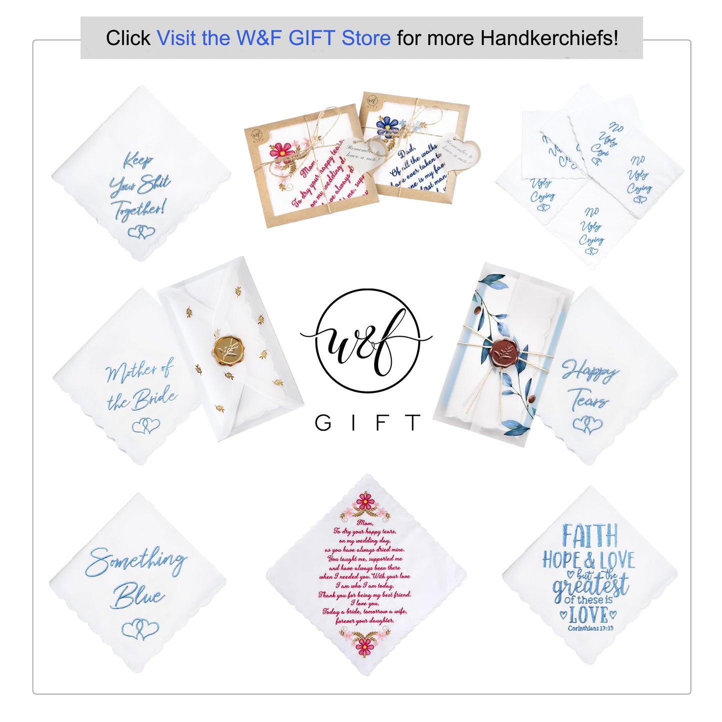 W&F GIFT Something Blue Wedding Gift Embroidered Handkerchief | Keep Your Shit Together! | Wedding Day Bride Gift