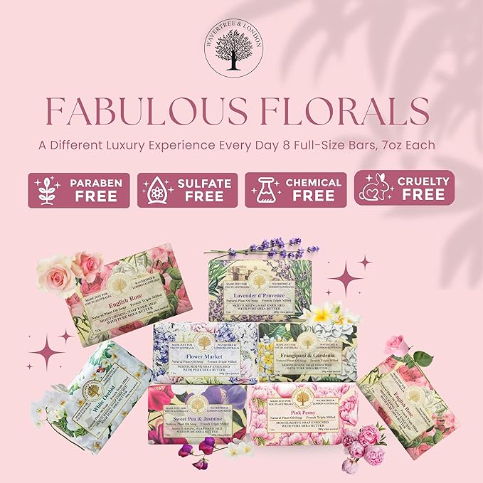 Wavertree & London Assorted Fabulous Florals Scents Natural Soap Bars (Pack of 8), 7oz Moisturizing Triple Milled Soap Bars Enriched with Shea Butter and Pure Plant Oils | All Body & Bath Soap