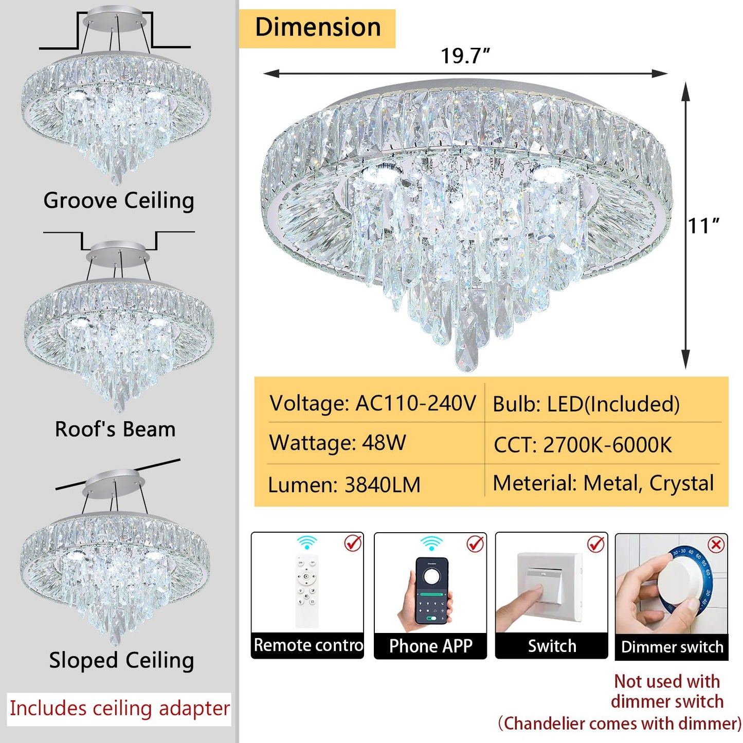dolria Modern Crystal Chandeliers for Dining Room LED Light Fixture Close to Ceiling Chandelier Flush Mount Ceiling Light Dimmable Lamp with Remote for Living Room Bedroom Hallway 2700K 6000K