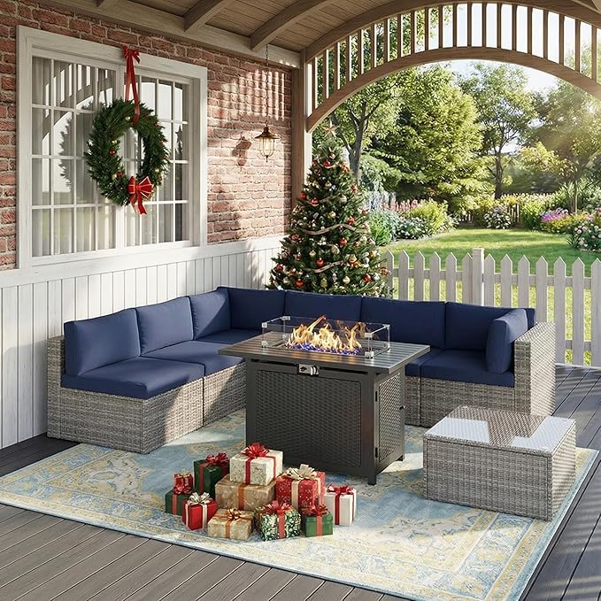 8 Pieces Outdoor Patio Furniture Set with 43" Fire Pit Table, Wicker Outdoor Patio Sectional Sofas Coffee Table, All-Weather Patio Conversation Set with Cushions for Garden Backyard, Navy Blue