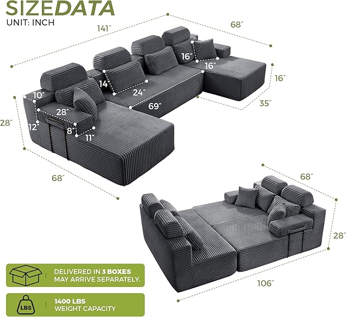 141" U-Shaped Cloud Modular Sectional Sofa with Chaise & Headrest, Boneless Deep Seat Plush Corduroy Couches for Large Living Room, No Assembly Required (Dark Gray, 141" U-shapred Chaise)