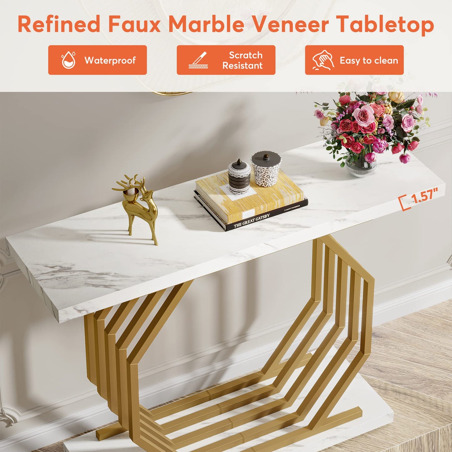 Tribesigns Gold Console Table, Faux Marble Entryway Table Narrow Sofa with Geometric Metal Base, 40 Inch Modern Accent Entrance for Living Room, Hallway, Foyer, White and Gold