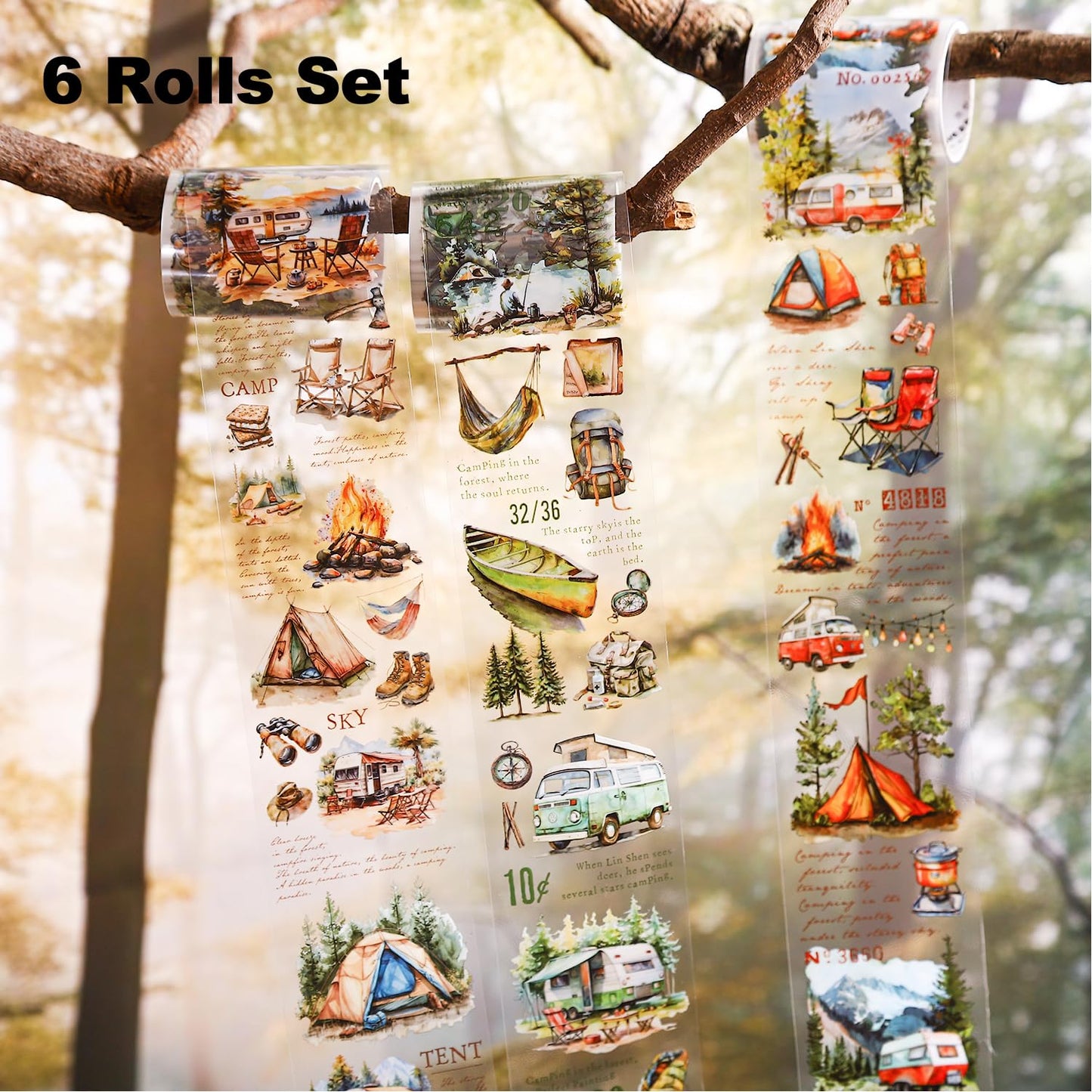 Forest Camping Theme PET Tape Set, 6 Rolls of Nature Adventure Stickers for Scrapbooking, Junk Journaling, DIY Crafts, and Art Supplies