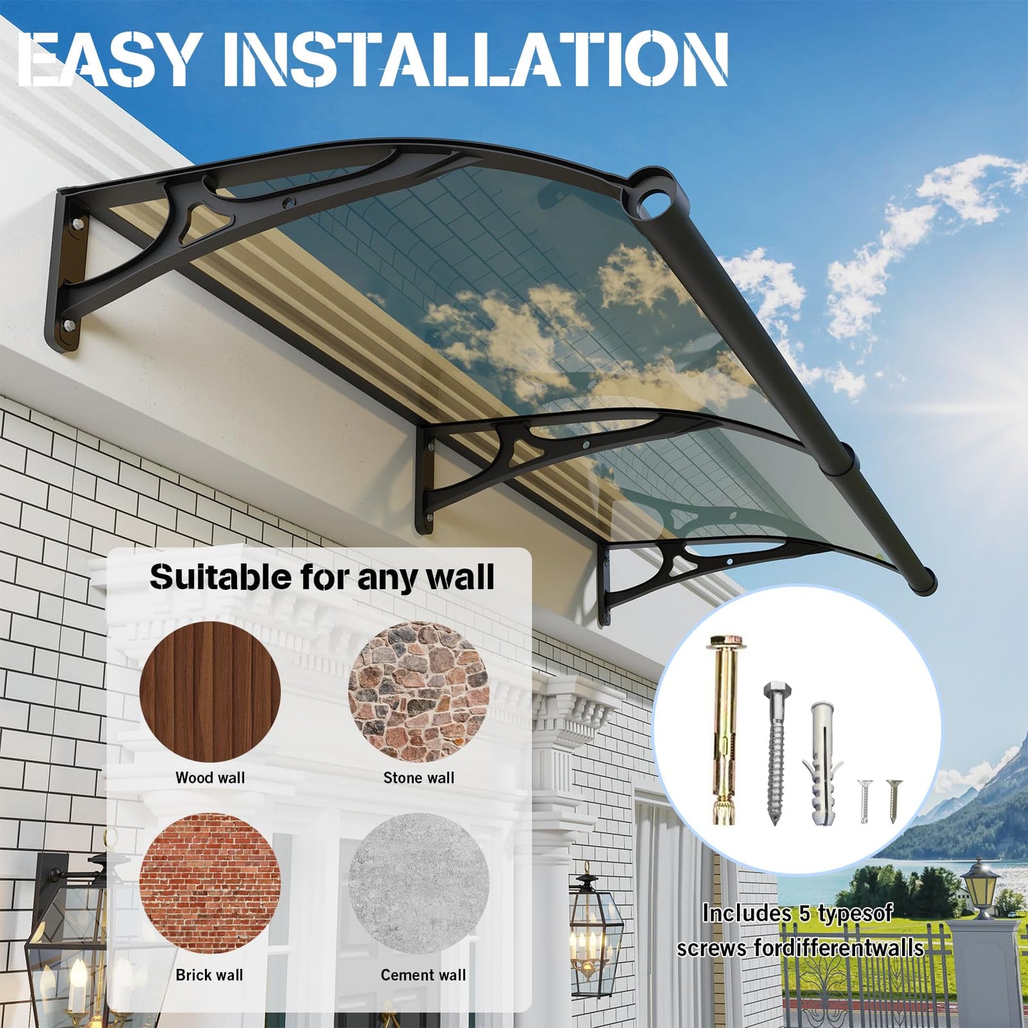 Door Awning Window Canopy Exterior,40x80 Inches Awnings for Doors Polycarbonate Cover Patio Door Awning UV Rain Snow Sunlight Protection Solid Sheet Aluminum Bracket with Sink