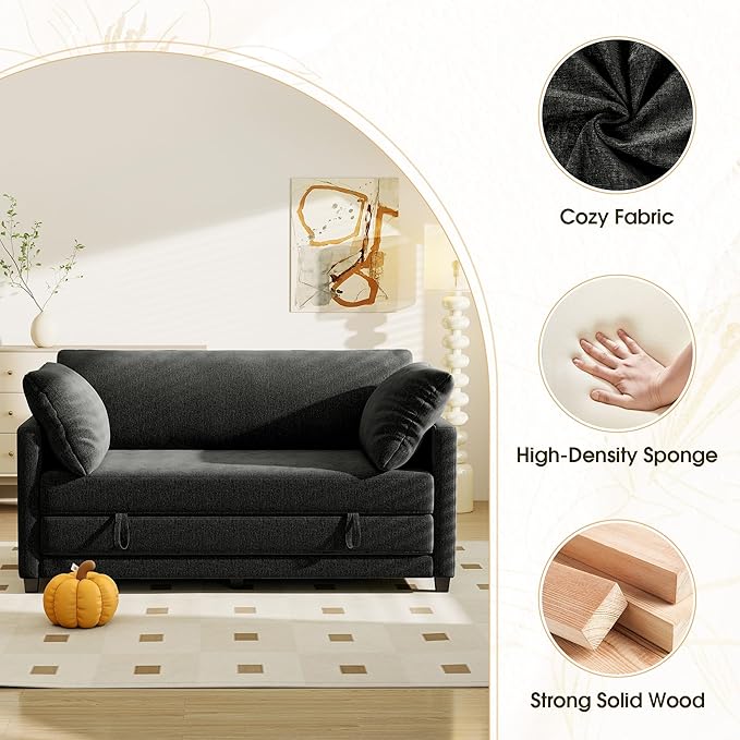 Myroyalsit 65" Convertible Loveseat Sofa Bed, 2-in-1 Folding Sofa Bed with 2 Pillow for Small Spaces, Modern Loveseat Sleeper Couch for Apartment, Living Room & Guest Room (Black Chenille, 65 inch)
