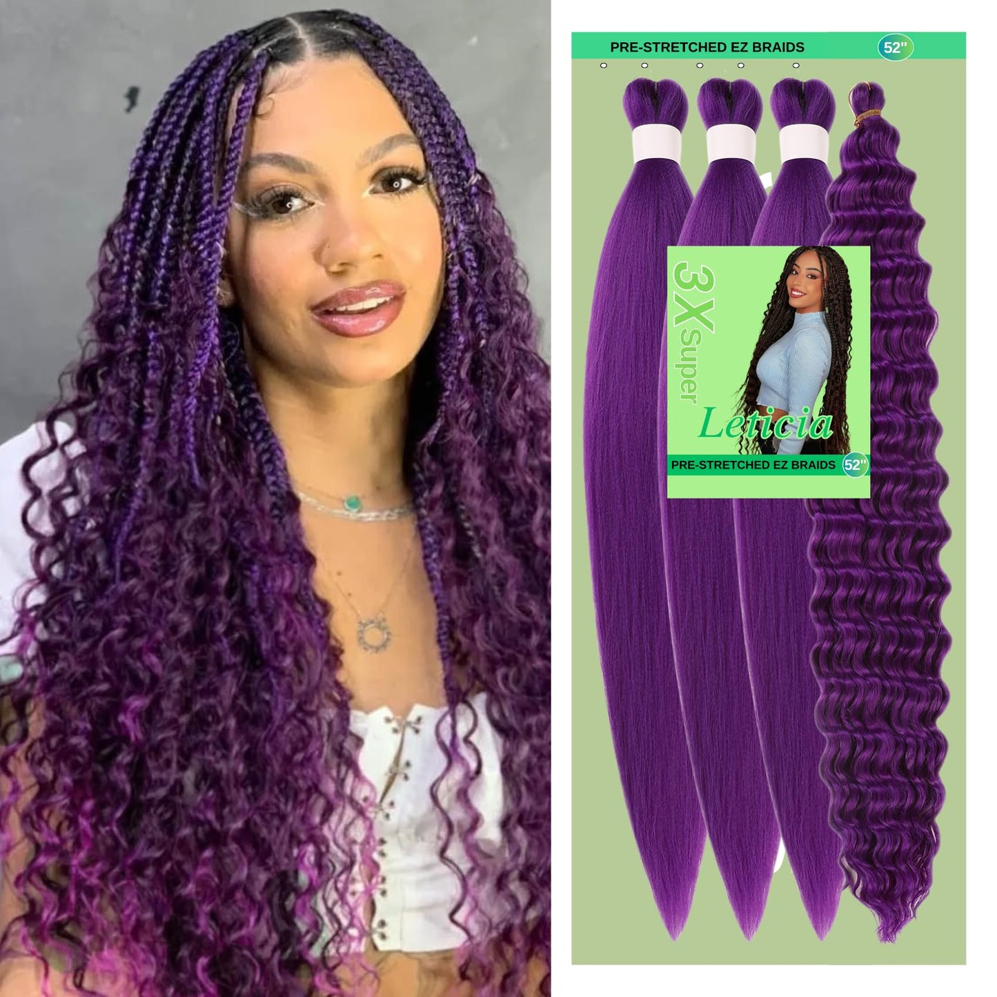 Purple Braiding Hair for Boho Braids Pre stretched Curly Braiding Hair Knotless Ez Braids