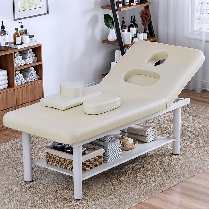 Olela Heavy Duty Stationary Massage Table with Adjustable Backrest, 31.5" Wide Professional Spa Facial & Therapy Bed, Metal Frame PU Leather Treatment Table for Salon & Clinic