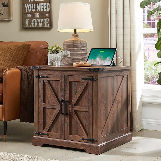 Barnyatoh Farmhouse End Table with Charging Station,24" Large Sofa Side Table with Barn Door, Rustic Wood Square Nightstand Bedside Table with Adjustable Storage Shelf for Living Room, Bedroom,Walnut