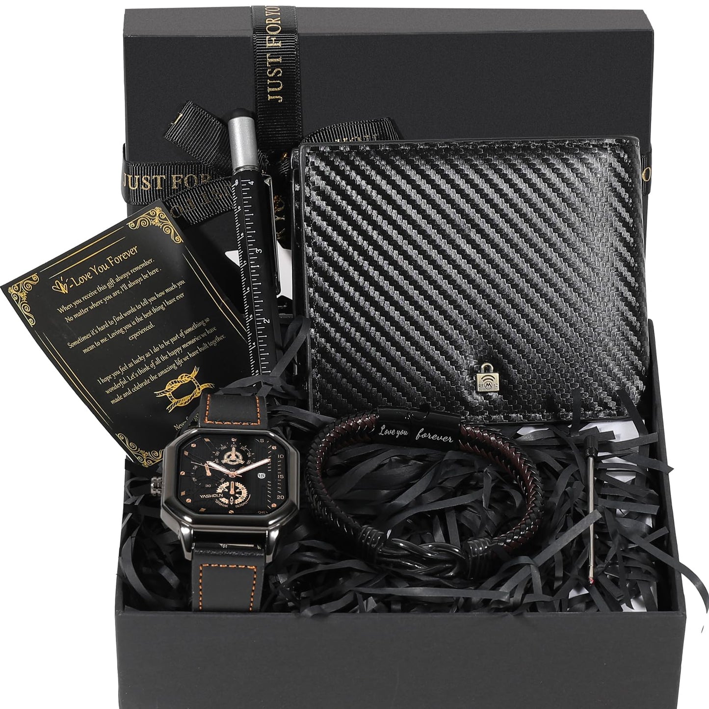 BSTcentelha Mens Gift Set, 6-in-1 Multitool Pen & Men's Fashion Watch & Fashion Bracelets & RFID Wallets & Greeting Card, Luxury Style B
