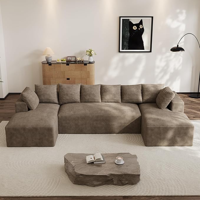 Modular Sectional Sofa, 130" U Shaped Cloud Couch Plush Corduroy Comfy Deep Seat Boneless Sofas with 8 Pillows Double Chaise Lounge Sectional Couches with Memory Foam for Living Room - Camel