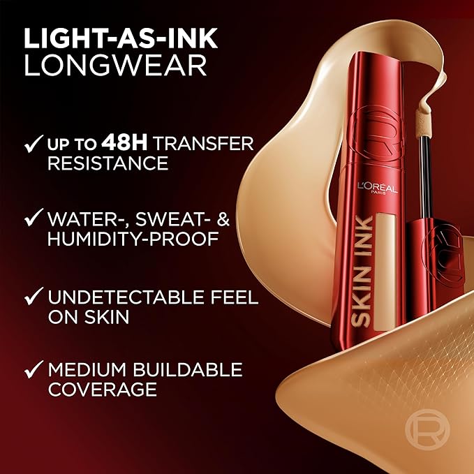 L'Oreal Paris Infallible Skin Ink 2-in-1 Foundation Concealer Hybrid Face Makeup, up to 48HR Transfer-Resistant with Buildable Light to Full Coverage, 465 Rich Cool