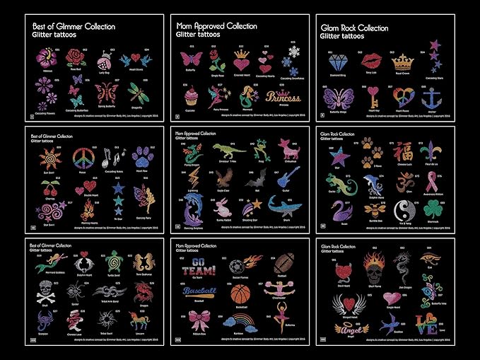 Glimmer Body Art Temporary Tattoo Party Kit – 75 Stencils, 2 Skin-Safe Glues, 2 Brushes – Perfect for Kids, Events, & Fest...
