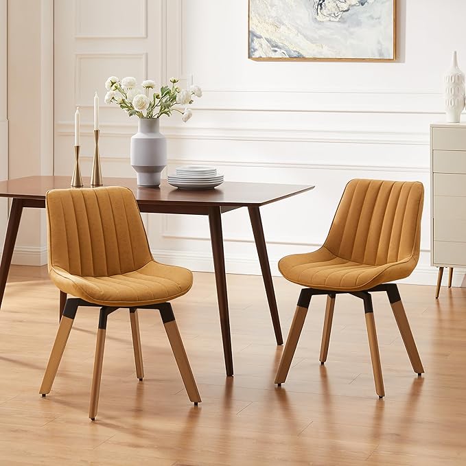 Art Leon Dining Chairs Set of 4, Mid Century Modern Swivel Kitchen Dining Room Chairs, Upholstered Faux Leather Armless Side Chairs with Wood Legs for Living Room Bedroom, Yellow Brown