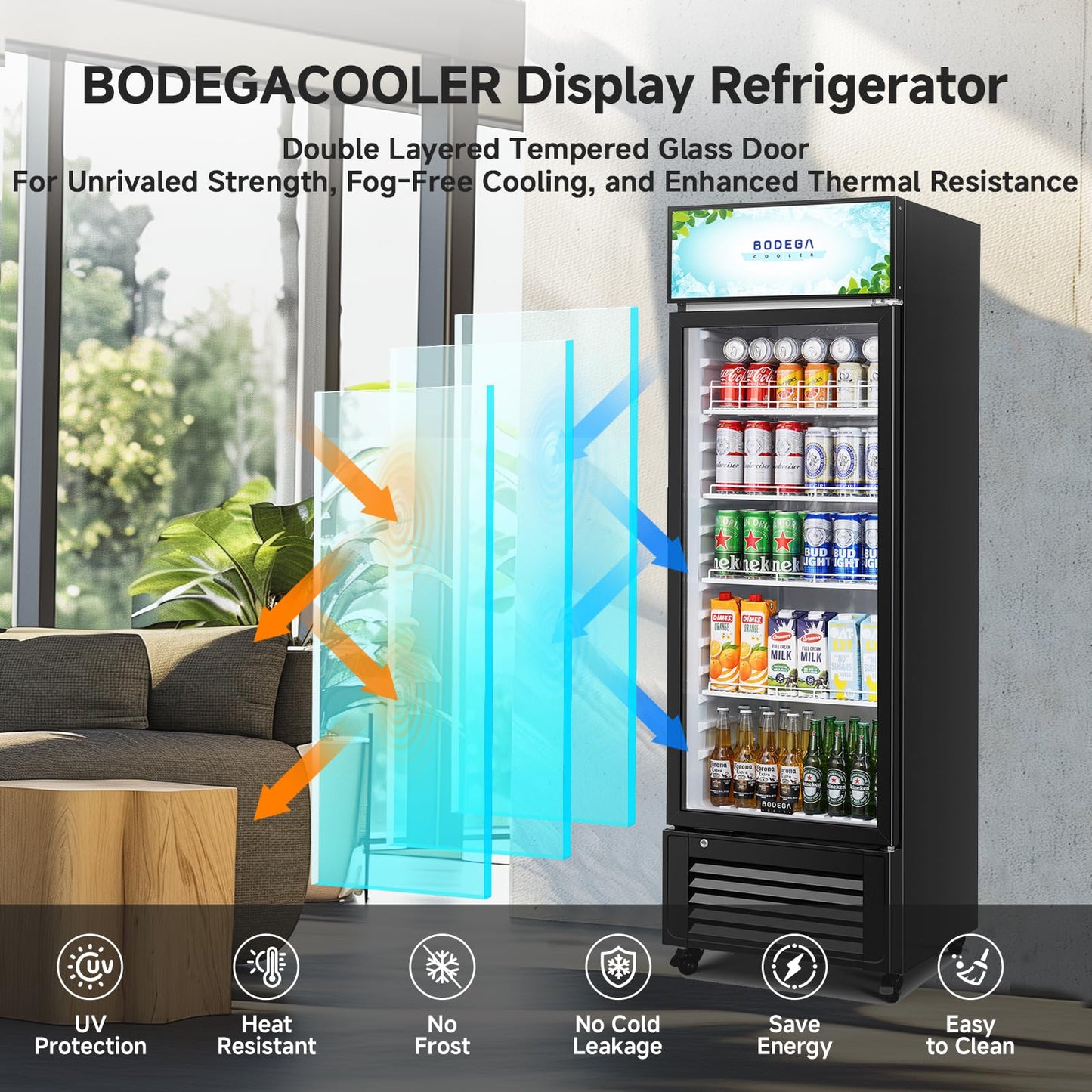 BODEGACOOLER Beverage Refrigerator, 321L/339 Qt Commercial Refrigerator For Kitchen, Home,Office and Garage, 300 Cans & 160 Bottles Display Refrigerator For Beer,Soda, Bar Cooler with Soft LED Light.