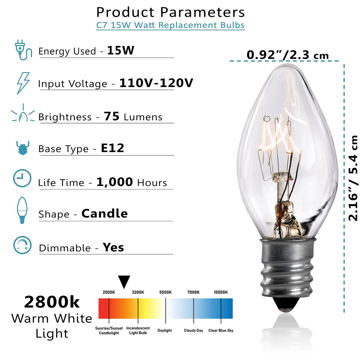 SouLight Salt Lamp Light Bulb - 15 Watt Replacement Bulbs for Himalayan Salt Lamps & Baskets, Chandeliers, Candle & Wax Warmers, Night Light Bulbs. E12 Socket, C7, Warm White – 12 Pack