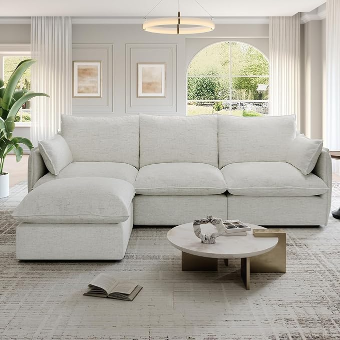 Lopzeho 94.6" Cloud Modular Sectional Sofa, Waterproof Down Filled Sectional Sofas, High Backrest L Shaped 3 Seater Sectional Couches with Ottoman, Modular Couch with Removable Cover, Cream White