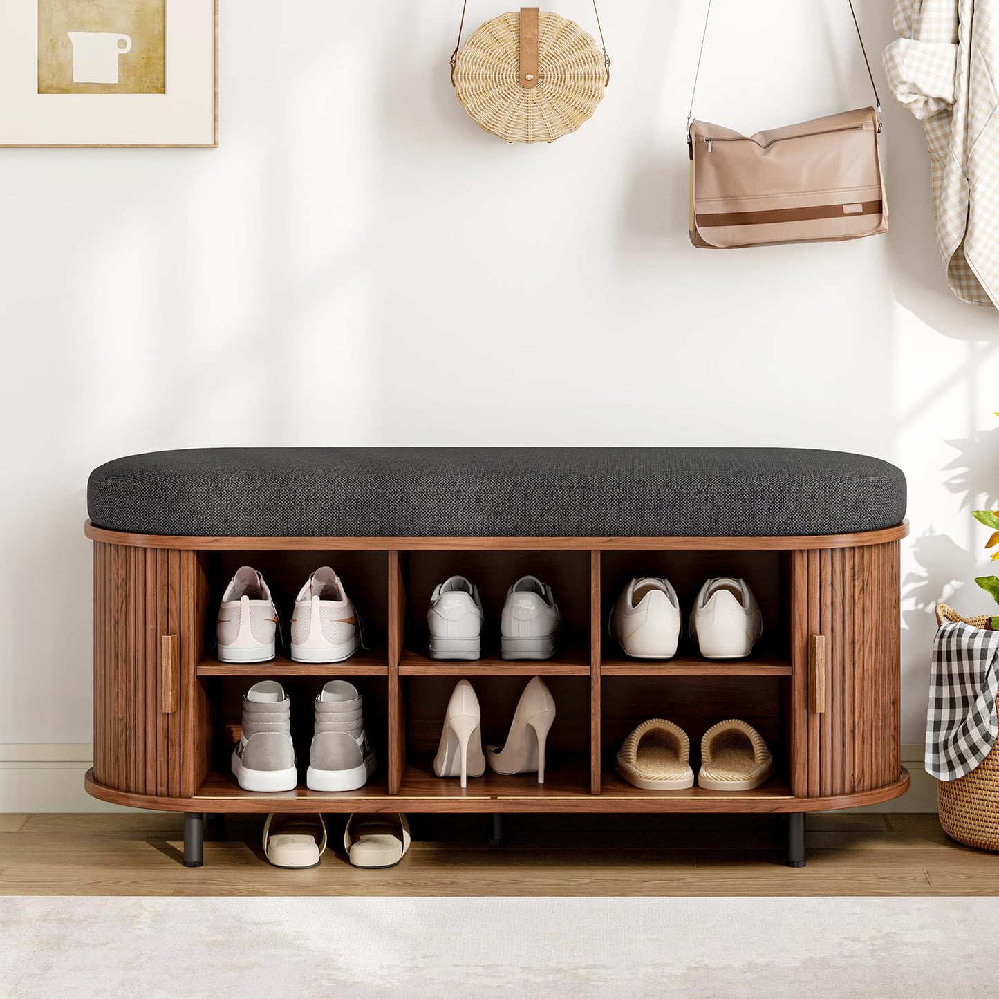 ONBRILL 43" Bench with Shoe Storage, Fluted Entryway Shoe Bench with Storage, with Cushion, Sliding Door and Adjustable Shelf, for Entryway, Hallway, Living Room, Walnut