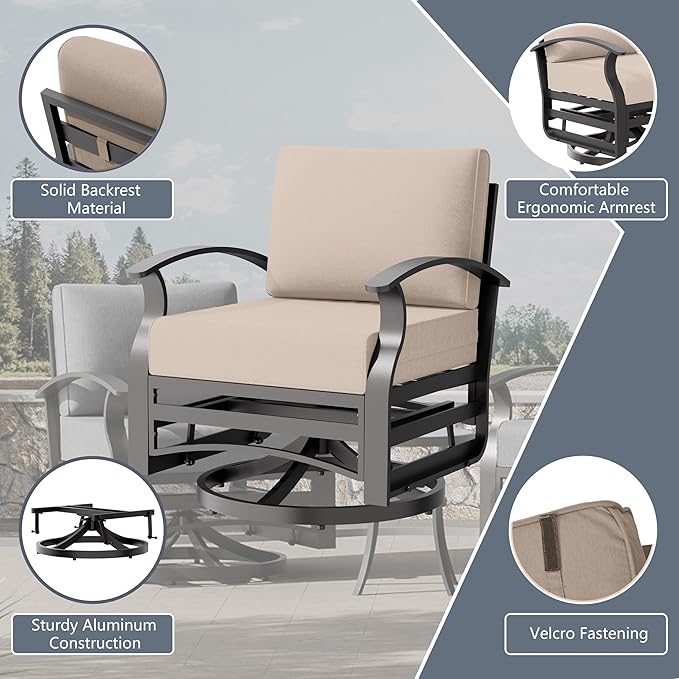 RTDTD Aluminum Outdoor Patio Furniture Set,5 Pieces 7 Seats Patio Conversation Sets with 2 Swivel Rocking Chairs,Metal Patio Sectional Furniture Set with 5.1" Thickened Cushions,Sand