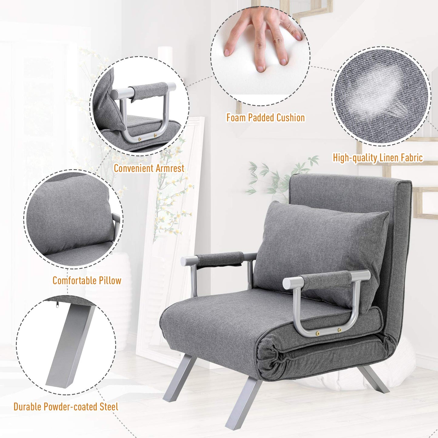 HOMCOM Single Person Folding 5 Position Convertible Sofa Bed Sleeper Chair Chaise Lounge Couch w/Pillow & Steel Frame for Home Office, Light Grey