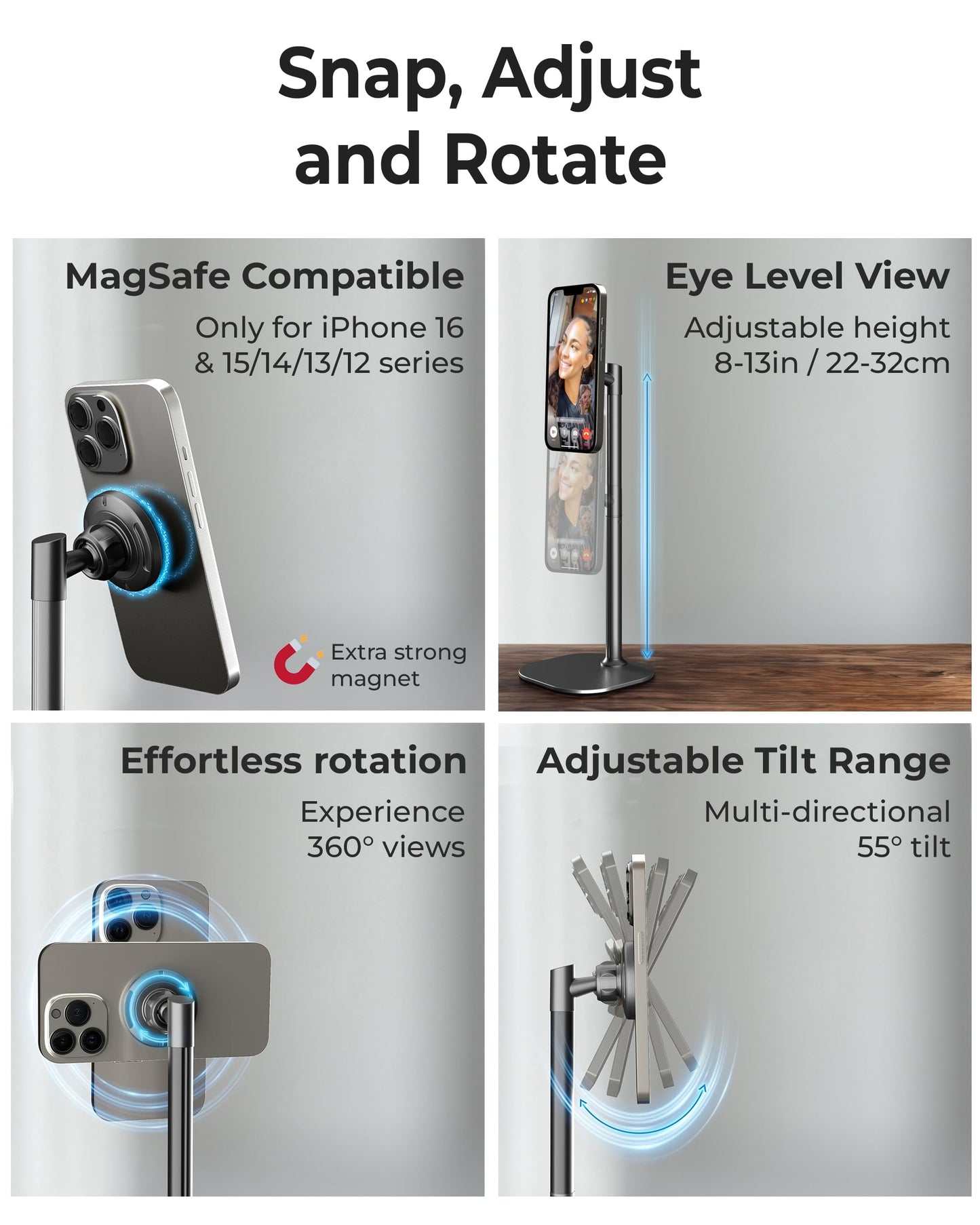 Cooper Magstand - Adjustable Magnetic Iphone Stand For Desk & Phone Holder For Video Recording, Compatible With Magsafe, Stand F