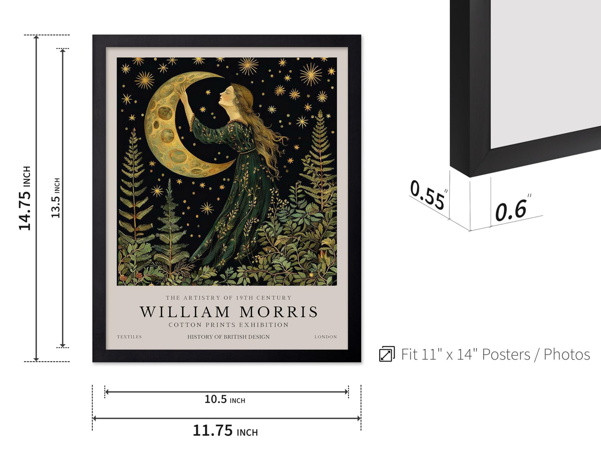 Monem Art William Morris Poster - Victorian Moon Print - Botanical Art - Exhibition Art - Moon and Stars Art - Floral Art - Aesthetic Living Room or Bedroom Wall Decor - 11x14 Black Framed