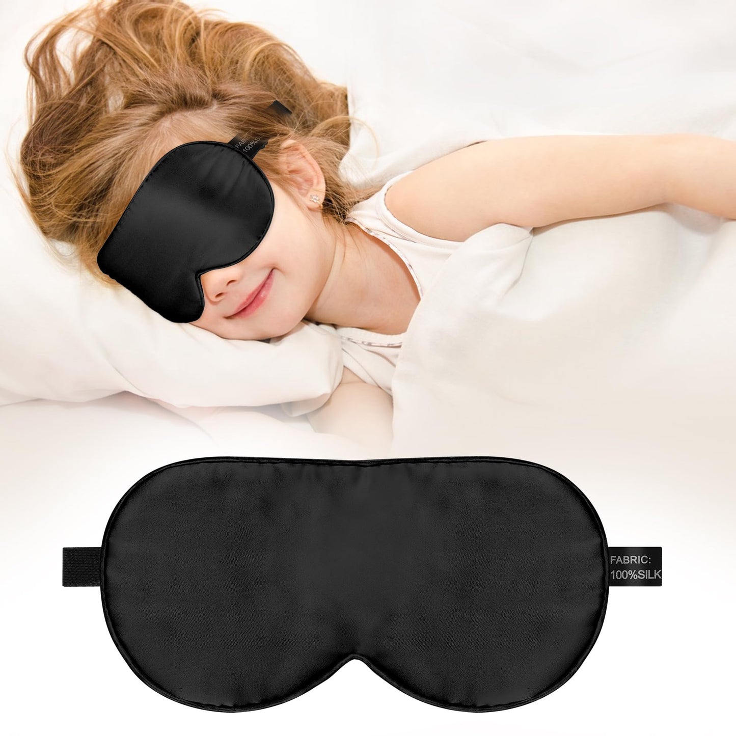 Kids Sleep Mask Eye Cover, 100% Real Natural Pure Silk Eye Mask with Adjustable Strap, Blindfold Kids Eye Mask for Sleeping, Eye Shade for Boys Girls and Adult, Pressure-Free Comfort (Black)