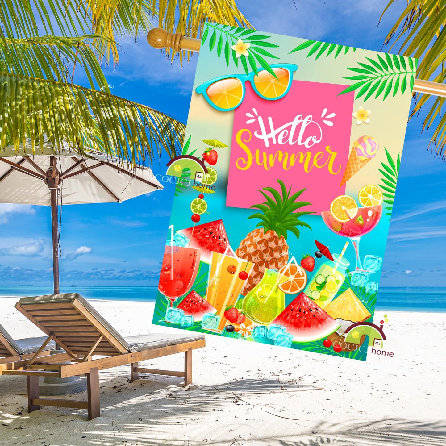 Hello summer flags 28 x 40 double sided watermelon，Welcome House Flag Double Sided Bee Yard House Seasonal Farmhouse Outdoor Decoration 28 x 40 Inch