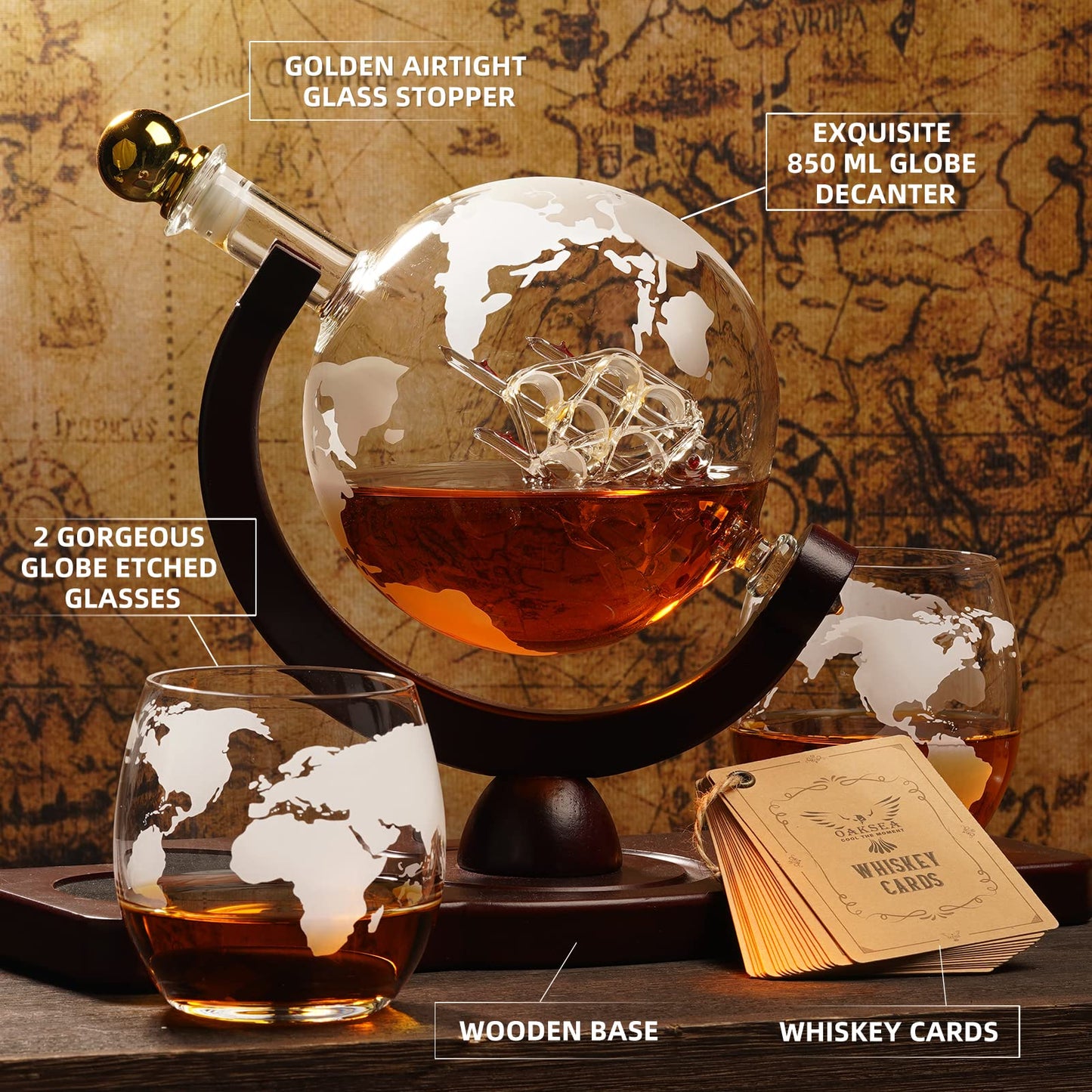 Gifts for Men Dad Husband from Wife Daughter Son, Unique Anniversary Birthday Gifts for Him, Whiskey Decanter Globe Set with 2 Glasses, Bourbon Scotch Liquor Cool Stuff Mancave Presents