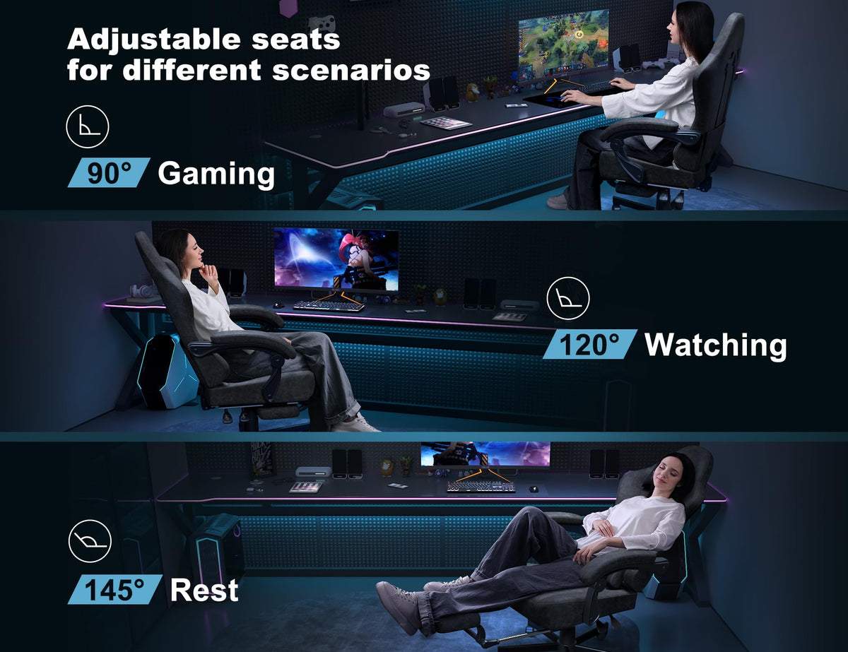 Kslysuty Gaming Chair Breathable Leather with Pocket Spring Cushion,Wide and High Ergonomic Office Chair with Headrest,Computer Gaming Chair with Footrest for Adult and Teen,Grey