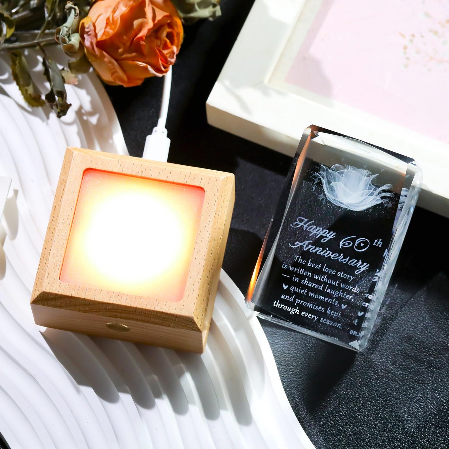 YWHL 60th Wedding Anniversary Crystal Gifts for Parents Grandparents, 60 Year Anniversary Glass Keepsake for Wife Husband, Romantic 3D Rose Gifts for Couples