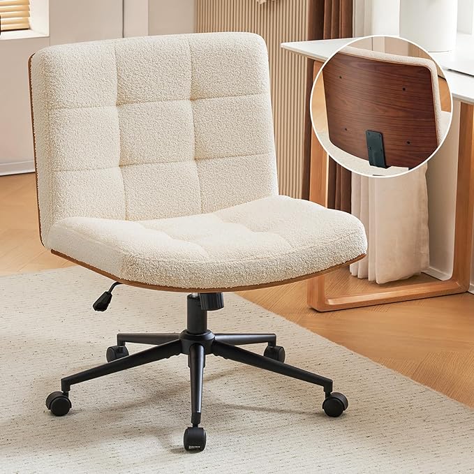 Furnimart FSC Wooden Wide Desk Chair, 360° Swivel Criss Cross Office Chair with Wheels, Comfy Cross Legged Sitting, Armless Rolling Chair for Bedroom, Office, Vanity (Faux Fur White)