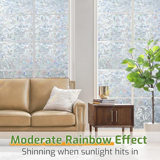 LUTE Window Privacy Film, Rainbow Window Flim, 3D Decorative Stained Glass Cling, Non-Adhesive Vinyl Static Cling UV Blocking Heat Control One Way Glass Covering for Home, Silver, 35.4 x 118.1 inches