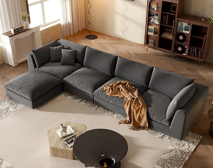 Fajiani Oversized Modular Sectional Sofa, Cloud Couch Deep Seat Sofa Cushion Covers Removable, Oversized Sectional Couches for Living Room (5 Seater-Black Gray)