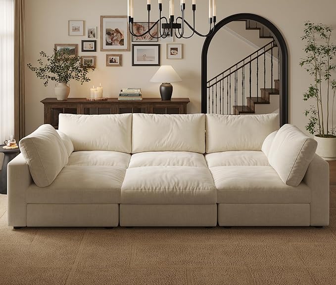 Cloud Modular Sectional Sleeper Sofa with Storage Ottoman, 99" Oversized Sectional Couches for Living Room, Cloud Modular Sleeper Sofa with Chaise, 6 Seater, Chenille, Beige
