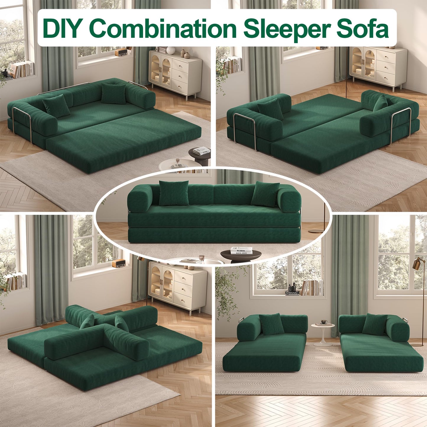 Carzzi-Life 79" Convertible Sofa Bed with Pillows, Corduroy Folding Sleeper Sofa with Fixed-Shape Frame, Boneless Couch for Living Room Bedroom, Floor Sofa Lounge No Assembly Required (Green)